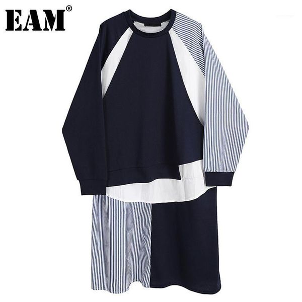 

eam] women dress blue striped spliced big size new round neck long sleeve loose fit fashion tide spring autumn 2021 1dd31471, Black;gray