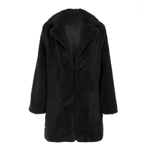 

2020 new women autumn and winter warm faux fur warm plush lapel solid color fashion coat1, Black