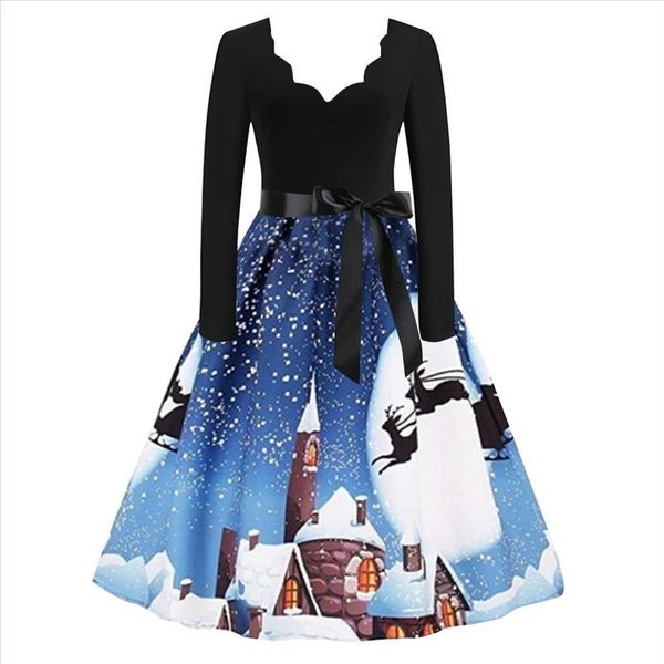 

christmas printed dresses 2021 womens vintage sashes long sleeve christmas evening party swing knee length dress sukienki 5, Black;gray