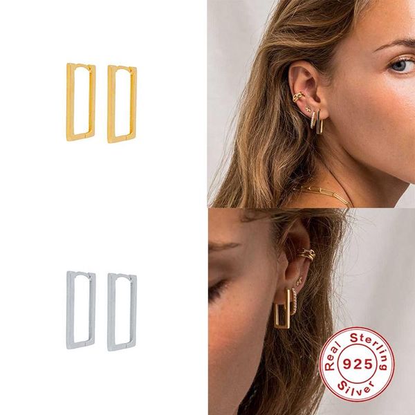 

gs 925 sterling silver hoops earrings for women fashion hollow big rectangular ear buckle huggies piercing ohrringe fine jewelry, Golden;silver