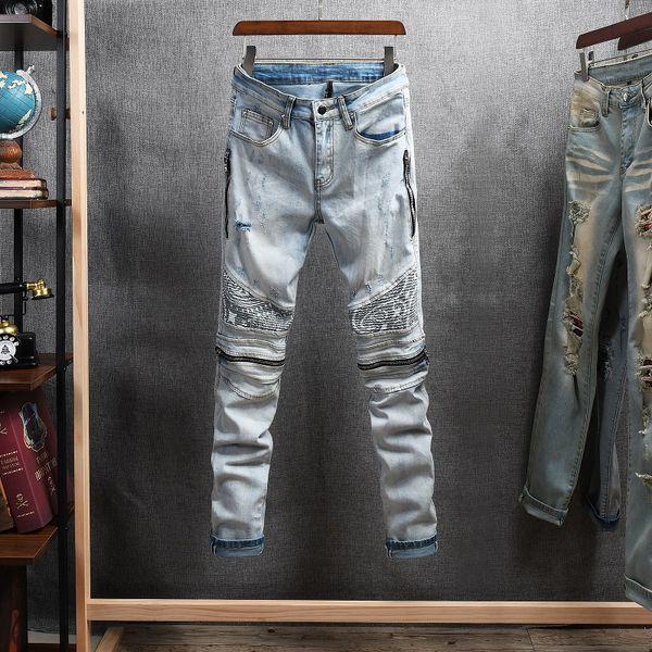 

2021 new american streetwear fashion men jeans elastic cotton patchwork spliced designer ripped denim punk trousers hip hop biker pants x50m, Blue