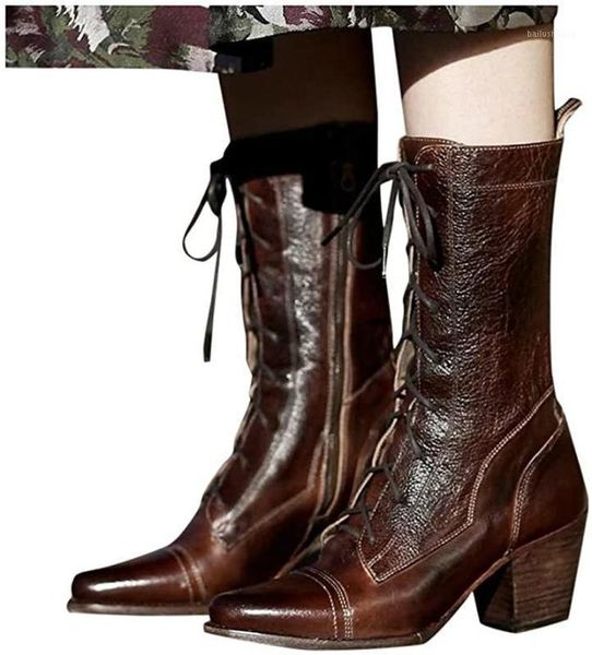 

women mid-calf boots high heels vintage pu leather lace up shoes plus size gladiator booties woman mujer zapatos mujer d15001, Black