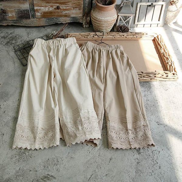 

2020 new fashion casual women's clothing retro loose cotton and linen trousers, lace-edge stitching wide-leg pants cropped tro1, Black;white