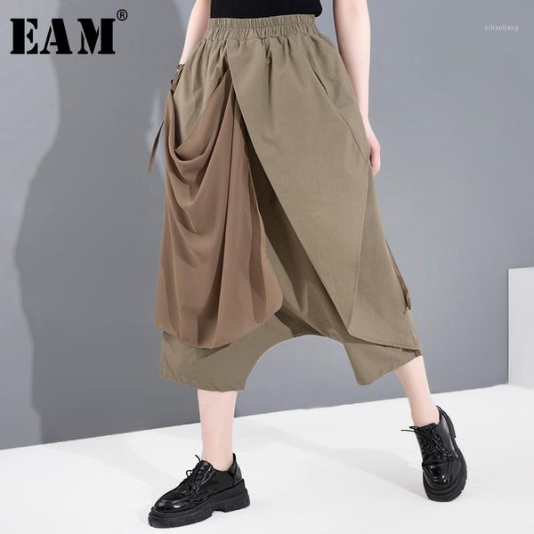 

women's pants & capris [eam] high elastic waist khaki chiffon split harem trousers loose fit women fashion tide spring summer 2021 jf89, Black;white