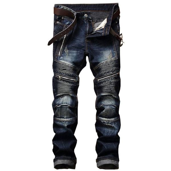

new men's jeans slim straight zipper pleated men's trousers, Blue