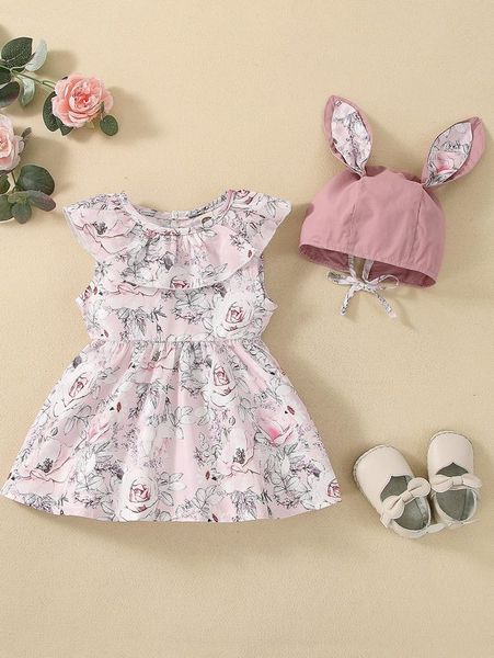 

baby floral print ruffle trim dress with hat she, Red;yellow