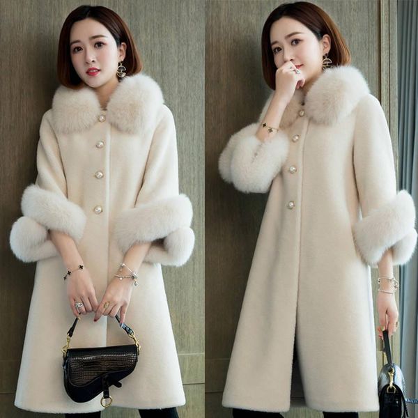 

faux shart part wombs mid длиной faux cashmere зерна меховой воротник кашемировые пальцы на кашемире, Black