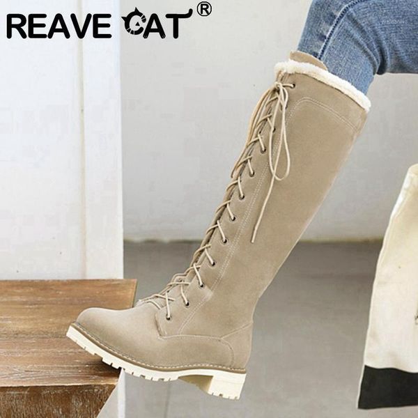 

reave cat women knee-high boots round toe square heels flock lace-up plush big size 35-43 fashion winter casual beige s20821, Black