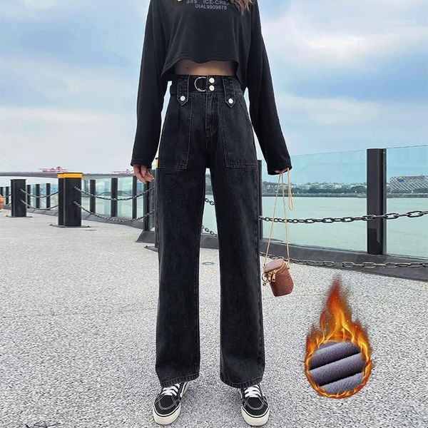 

guuzyuviz velvet thicken jeans woman high waist loose wide leg pants denim trousers autumn winter jeans casual plus size1, Blue