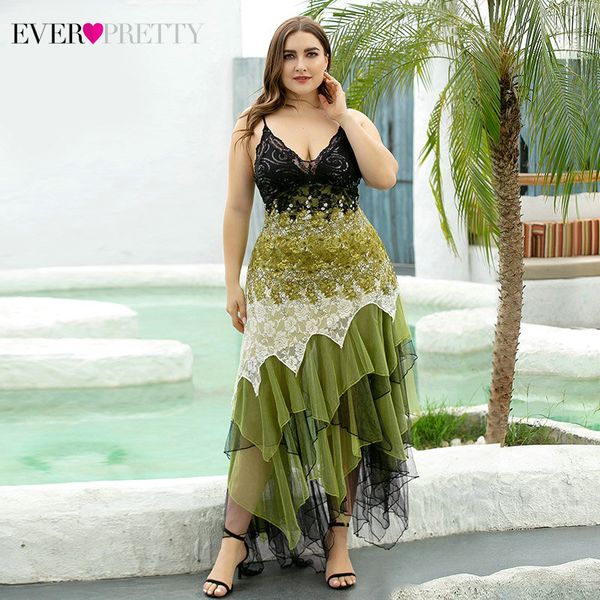 Plus Size Abendkleider Ever Pretty Asymmetrische Spaghettiträger V-Ausschnitt Pailletten Spitze Formale Partykleider Vestido 2020 LJ201119