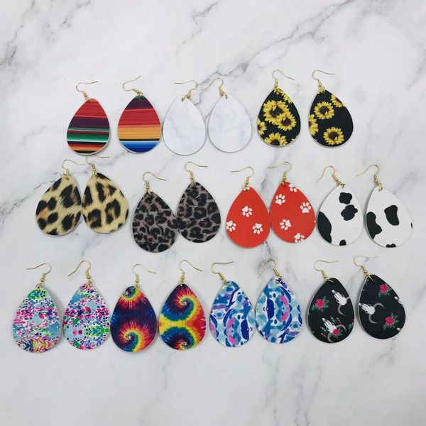 

trendy peronsonalized wholesale custom for women multi-colored printed tie dye rainbow sunflower teardrop pu leather drop earrings, Silver