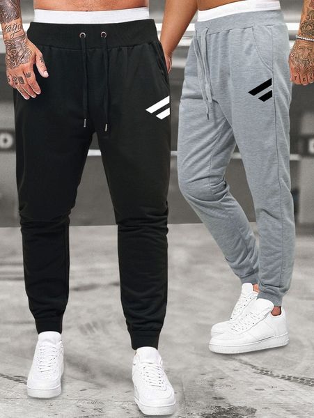 

men 2pcs geo print grommet drawstring waist sweatpants f9fp#, Black