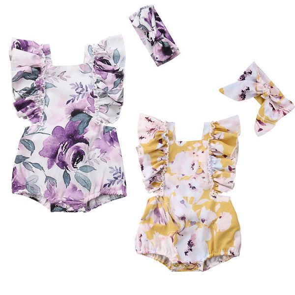 Verão Recém-nascido Bebê Meninas Manga Floral Impressão Romper + Headband Set Infant Outfits Roupas 0-24M 201027