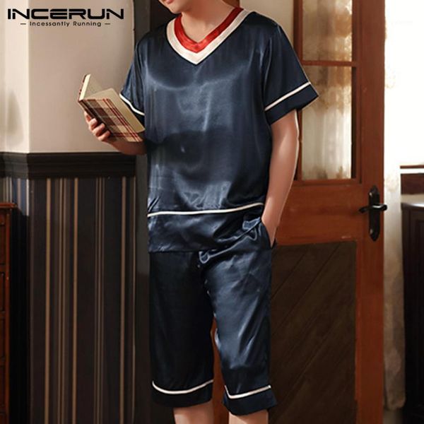 

2020 men pajamas sets patchwork breathable soft short sleeve homewear v neck sleepwear shorts summer nightwear suit incerun 5xl1, Black;brown