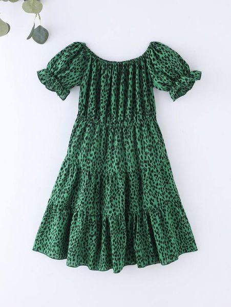 

girls allover print puff sleeve ruffle hem dress she, Red;yellow