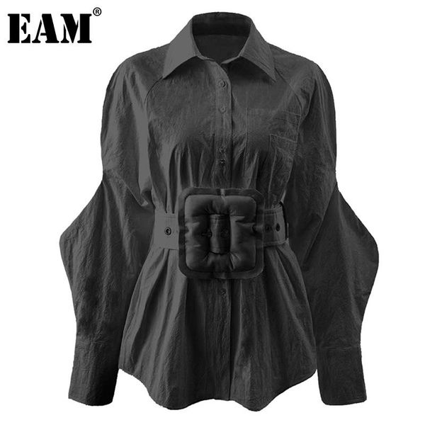 

eam] women big size square buckle belt blouse new lapel long sleeve loose fit shirt fashion tide spring autumn 2020 1dd2147, White