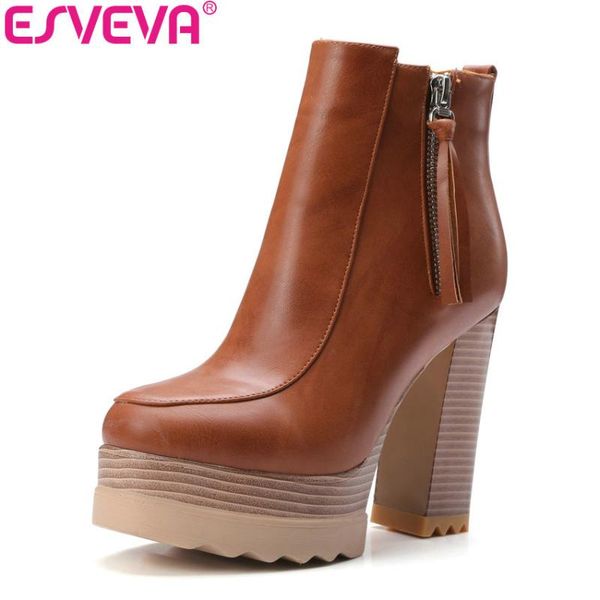 

esveva 2020 zipper short plush women boots pu round toe spring autumn shoes square high heel platform ankle boots size 34-42, Black