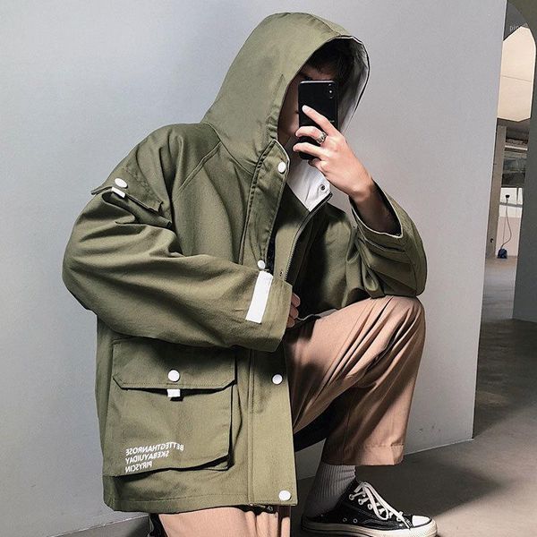 

2019 autumn new japanese loose casual youth trend solid color tooling hooded large size student street jacket1, Black;brown