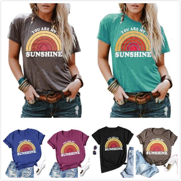 

you are my sunshine rainbow printed t-shirt women summer short sleeve tee o-neck plus size casual female harajuku t shirt, White