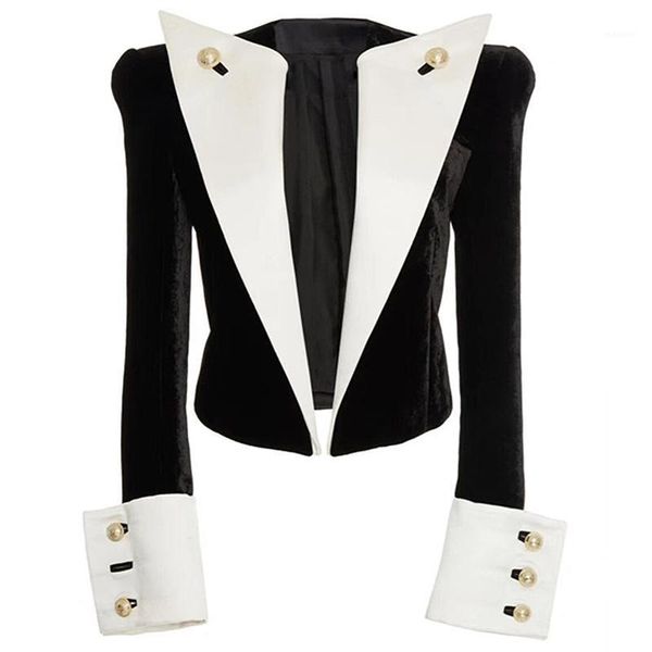 

high street 2020 stylish designer jacket women's lion buttons color block patchwork velvet short blazer1, White;black