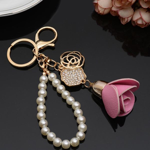 

new camellia flower leather keychain bag pendant car ornaments creative gifts long key chain buckle key ring 17 colors eh816 h jllsei, Red;blue