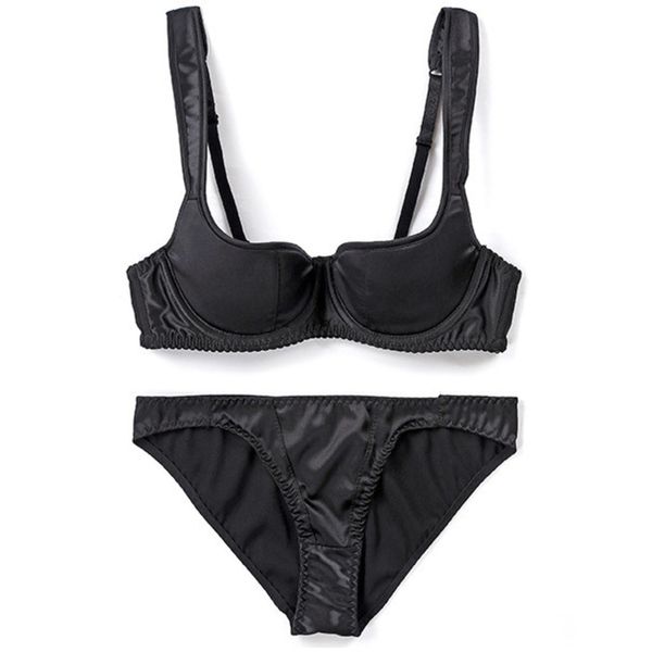 

half cup on of retro style niche underwear set smooth with steel ring bra panties set push up women large size bralette c1212, Black;white