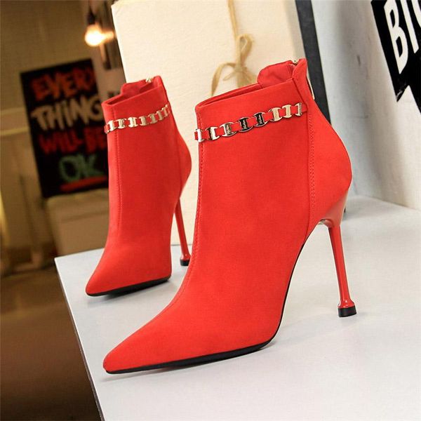 

boots 2021 winter luxury women zippers pointed toe ankle 10cm eden high heels autumn metal female valentine shoes, Black