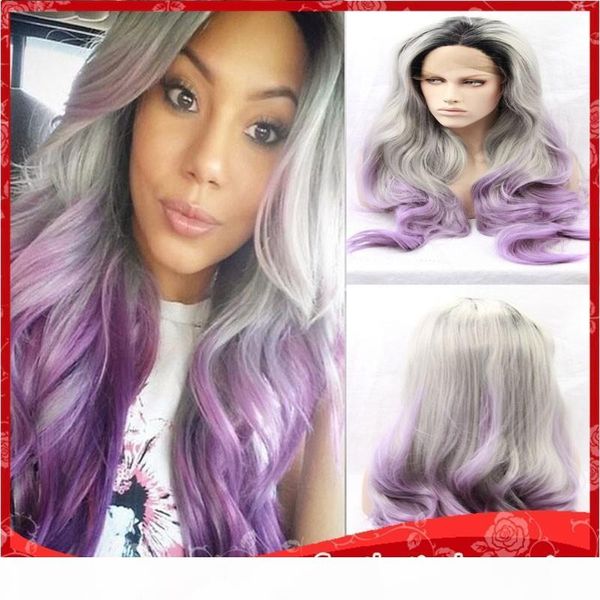 

дешевые парики ombre серый фиолетовый тело волнистые длинные парики жаропрочных glueless синтетические парики фронта шнурка с волос младенца, Black