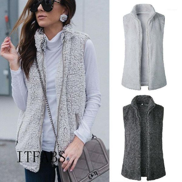 

women vest winter warm outwear casual faux fur zip up sherpa jacket coat, Black;white