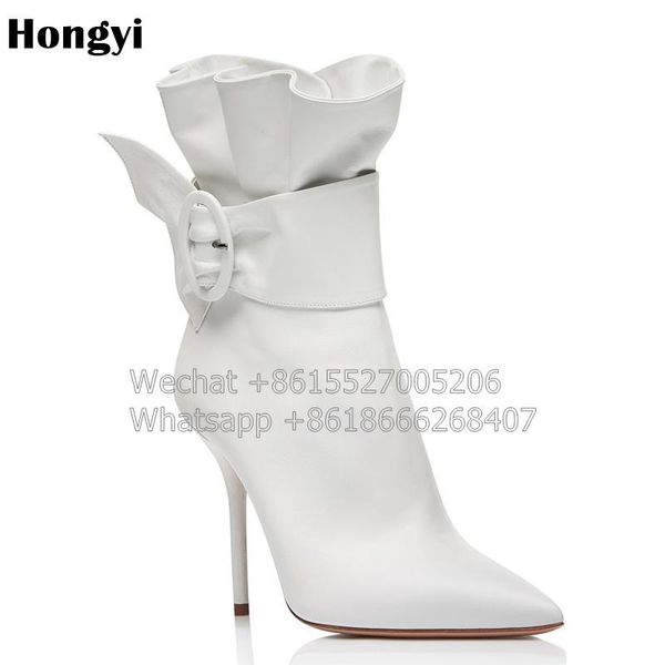 

boots women white black red flock ankle zipper pointed toe buckle high heels autumn spring ladies