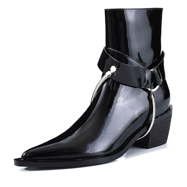 

boots handsome metal chain women riding matin fall winter leather belt shoes black white pointed toe ankle booties