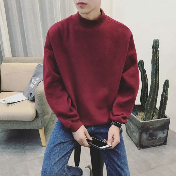 

half high collar sweater men's plush thickened korean version loose ins autumn hoodless winter couple trend, Black