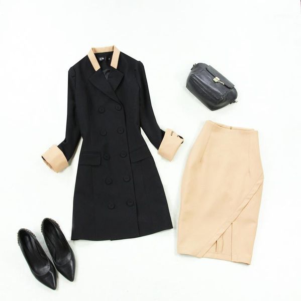 

spring and summer new large size women's double-row black stitching a-line slim long suit skirt + khaki skirt1, White