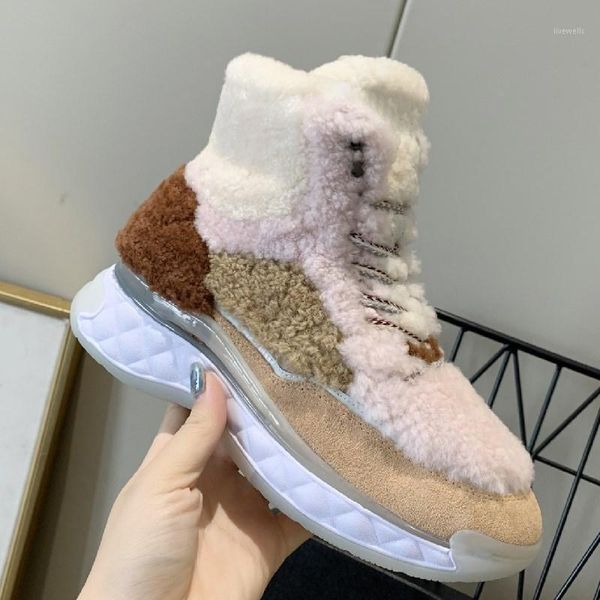 

boots woman shoes leather fur mixed color ankle casual platform women lace up patchwork winter ladies botas mujer1, Black