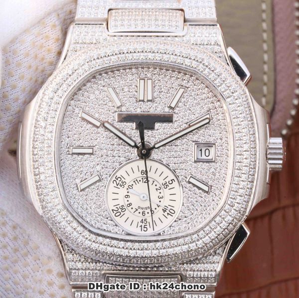 

nautilus 5980 full diamonds chronograph eta7750 automatic mens watch diamond dial diamond bracelet gents sports watches, Slivery;brown