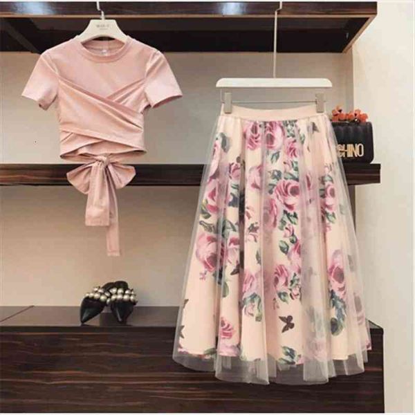 

runway women summer short sleeve pink bow crop t shirt elastic waist mesh rose print skirts suit, Gray