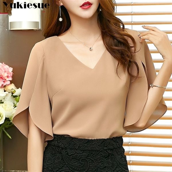 

summer blouses casual solid chiffon shirt blusa feminina butterfly sleeve korean loose women blouse black blusas 220311, White