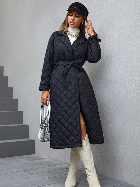 

lapel neck belted quilted coat s2gd#, Black