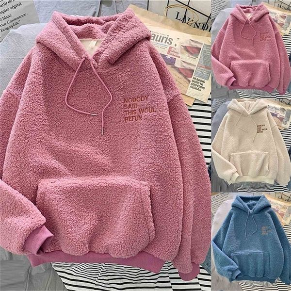 

nobody said this woul befun winter coat women loose hoodie women letter shirt thick warm jacket imitation lamb wool women c50 201217, Black