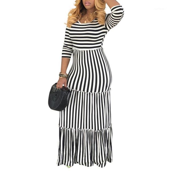 

2020 new women summer stripes o-neck long sleeve cascading patchwork maxi dress fit & flare long classic dresses1, White;black