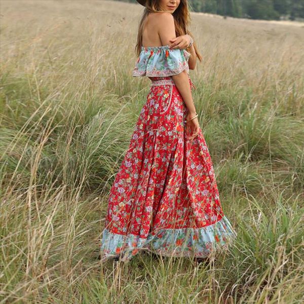 

38 2020 bohemian dress women off the shoulder boho long dresses ruffle vintage tied high waist summer floral dress summer, Black;gray