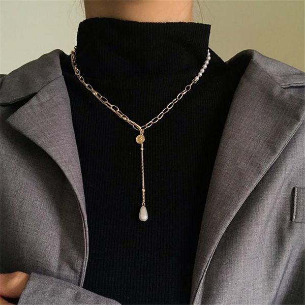 

chokers xialuoke japan fashion asymmetric double chain pearl pendant necklace for women bohemia long sweater necklaces jewelry gift 870, Golden;silver