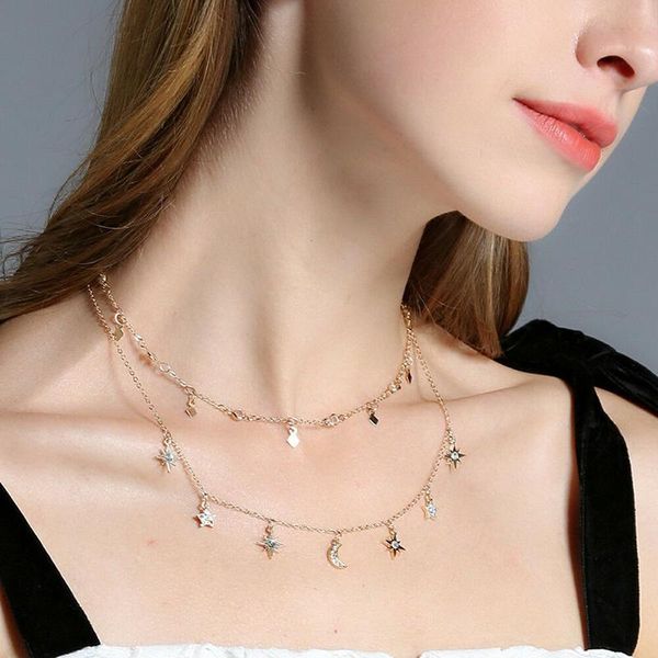 

multi-point star rhinestone double-layer necklace for women fashion crystal moon clavicle necklace ladies party choker jewelry, Golden;silver