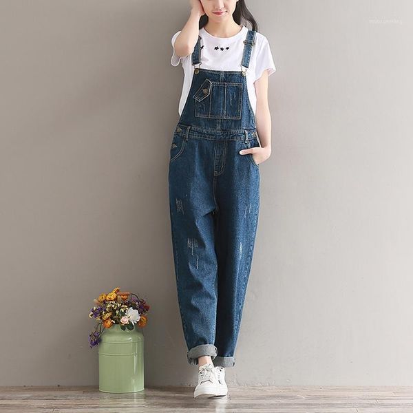 

autumn women denim jumpsuit plus size loose casual straight bib jeans overalls women vintage rompers dark blue wide leg jumpsuit1, Black;white