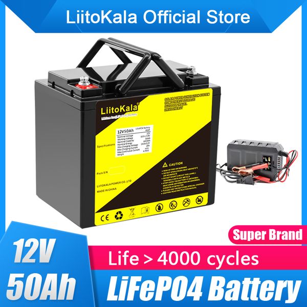 Liitokala 12V 50Ah 60AH Lithium 12,8 V LifePo4 Batteria per la batteria per il sistema di accumulo di energia solare Yatch per barca elettrica 14,8V20A Caricatore