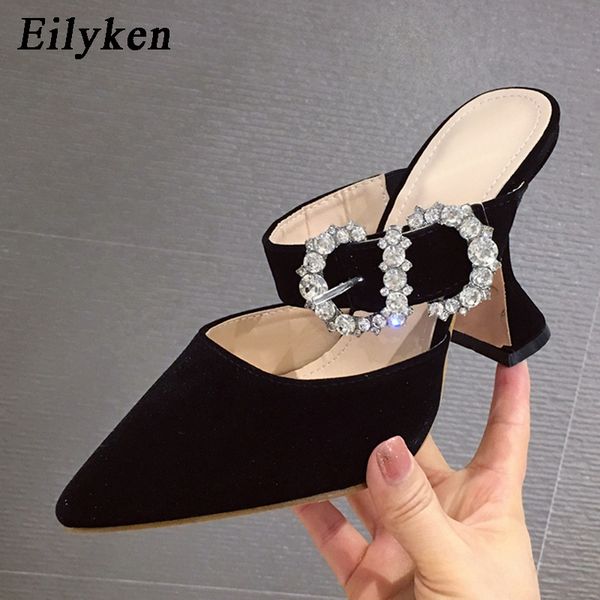 

eilyken 2020 summer crystal diamond bling women pumps buckle pointed toe high heels spike high heels mules slippers party shoes y200702, Black