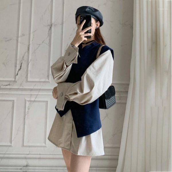 

summer casual women plaid v neck two piece set sleeveless irregular short vest and shirt long sleeve suits1, White