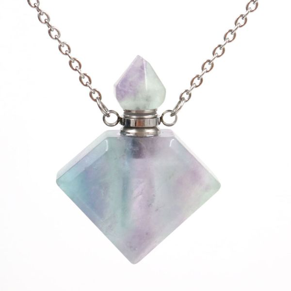 

5 pcs stainless steel rhombus shape fluorite stone neclace perfume bottle pendant smoky quartz fashion jewelry, Silver