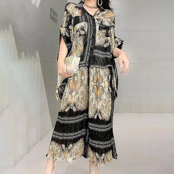 

ewq] 2020 new popular chiffon gold wire embroidery line fashion lapel collar and print pants two piecce set 3aj961, Gray