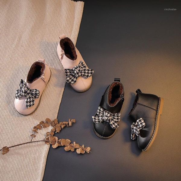

boots girls princess shoes big bowknot winter warm side zipper children solid color kids botas fashion baby1, Black;grey